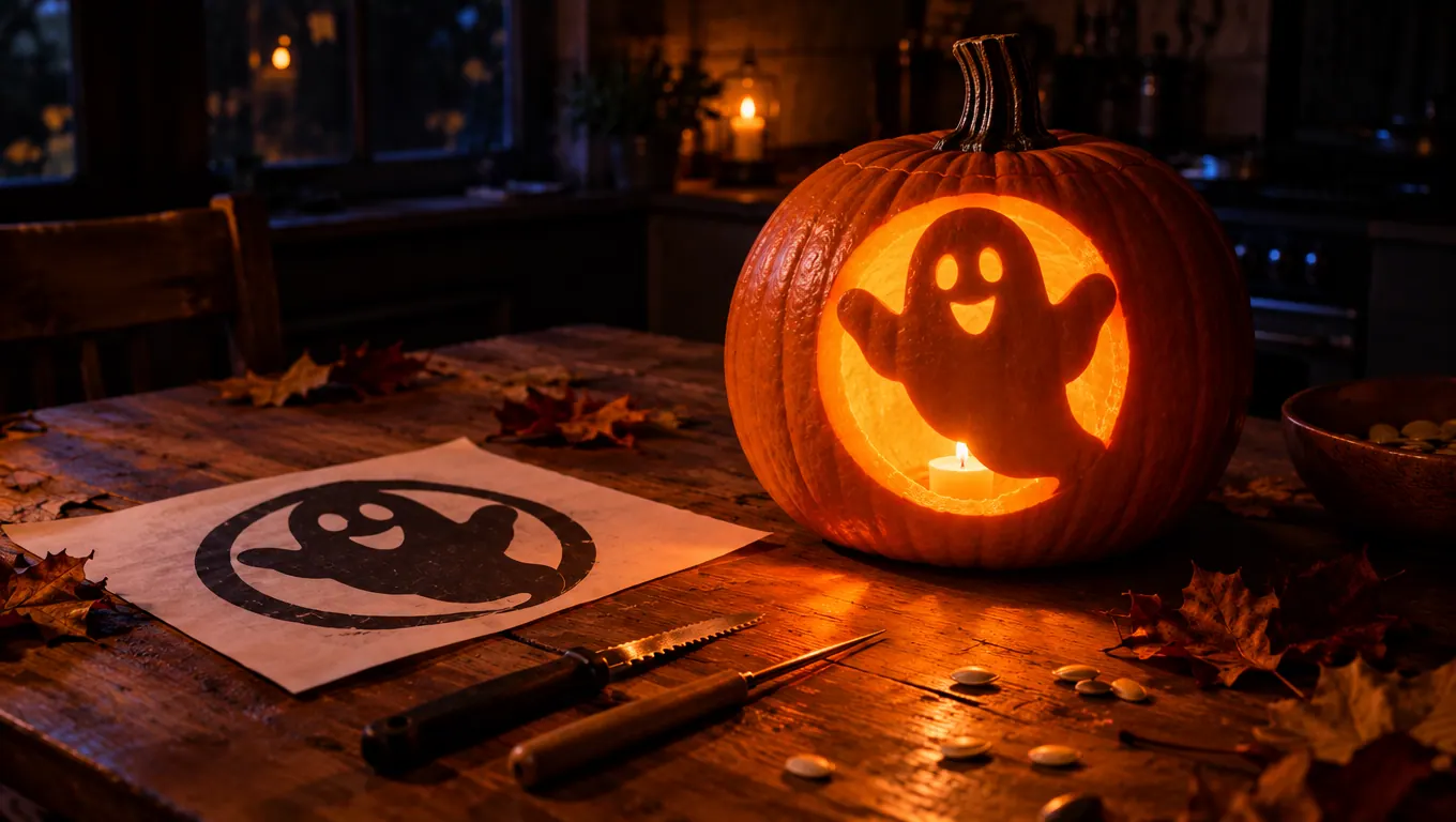 A carved ghost pumpkin glowing next to its printed stencil