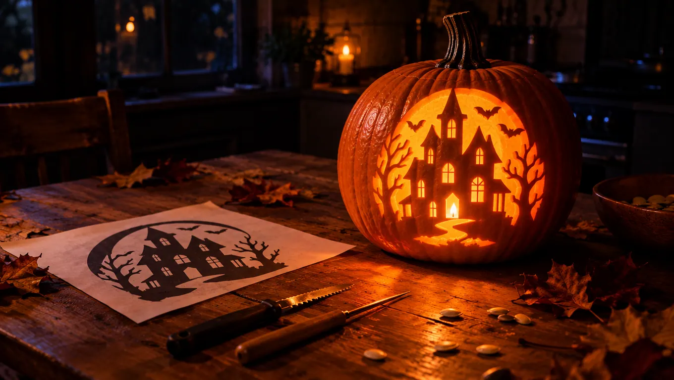 A pumpkin carved with a haunted house glowing