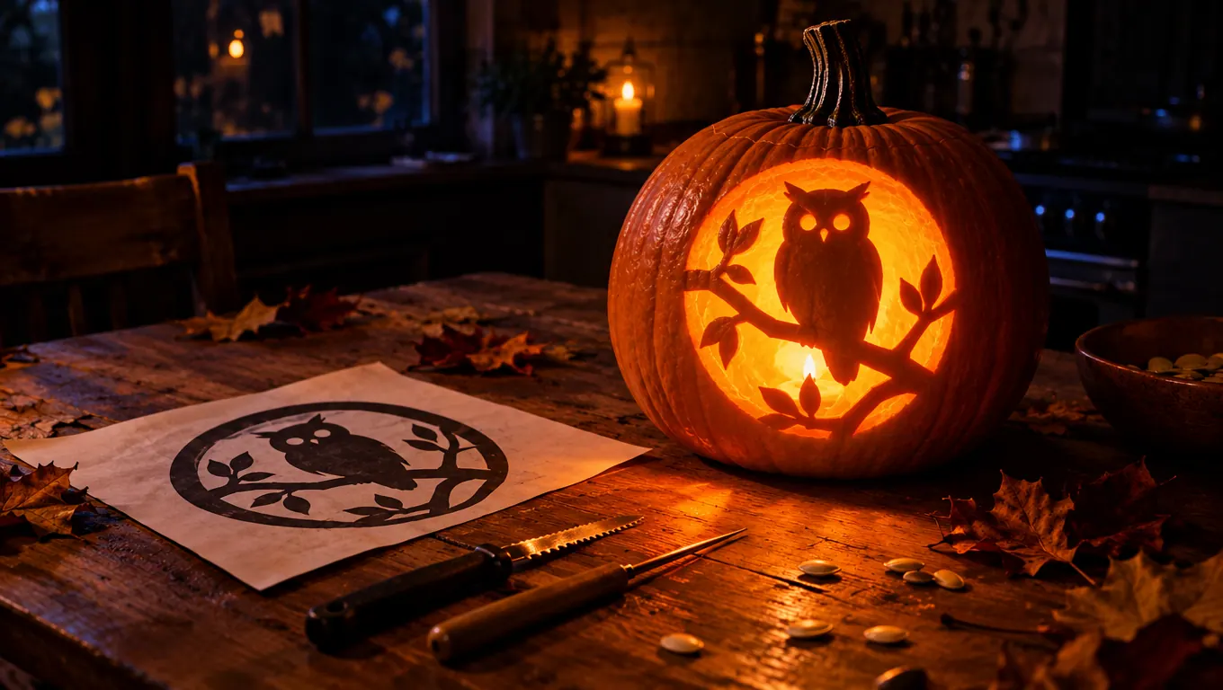 A pumpkin carved with an owl on a branch glowing