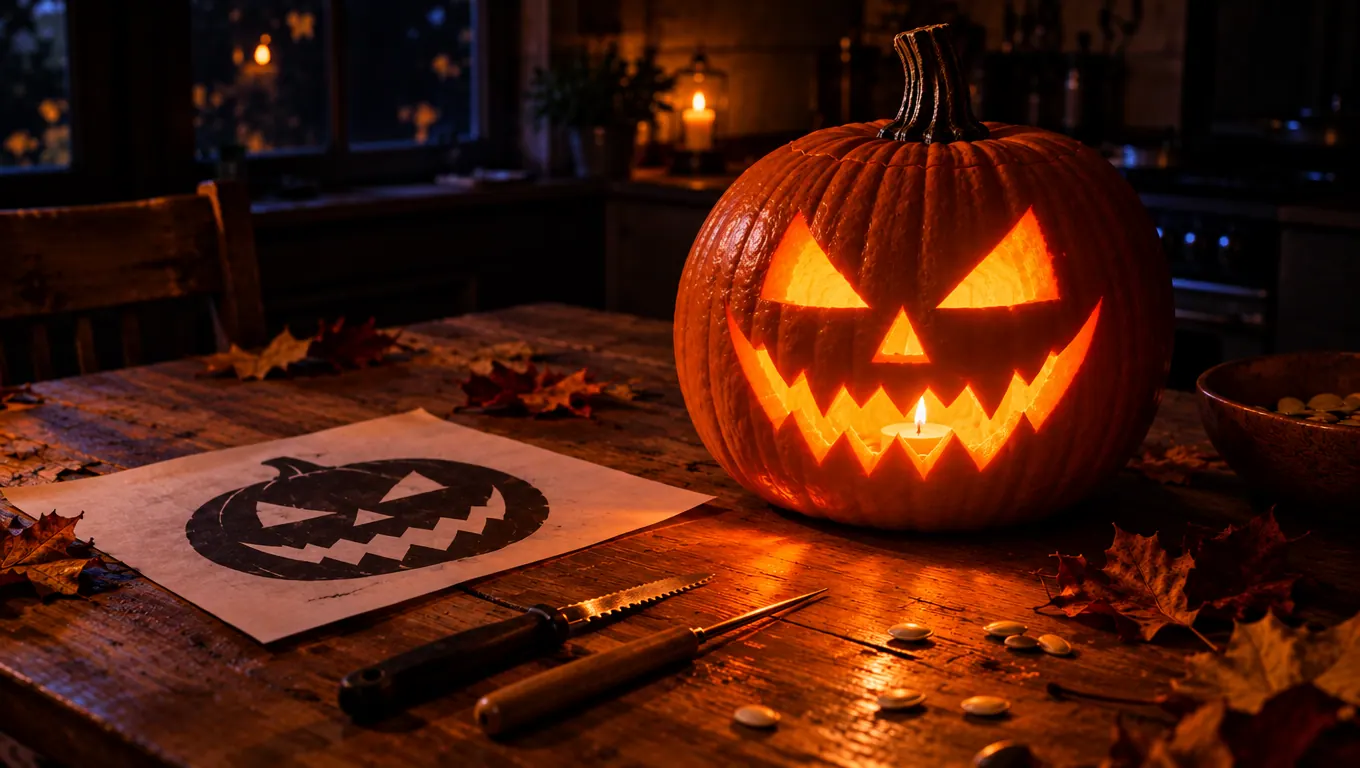 A pumpkin carved with an evil grinning face glowing at night