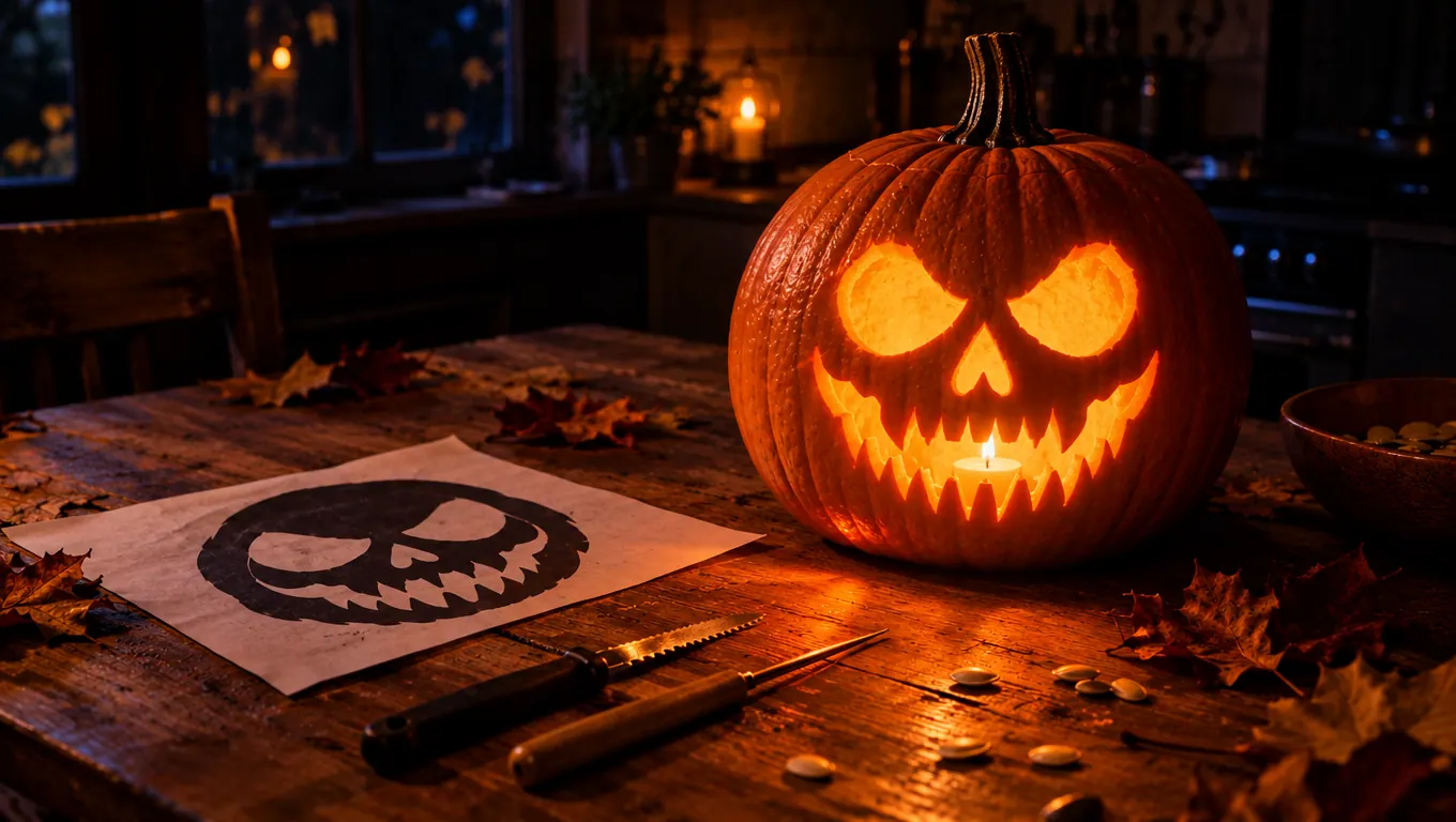 A pumpkin carved with a skull glowing next to its stencil