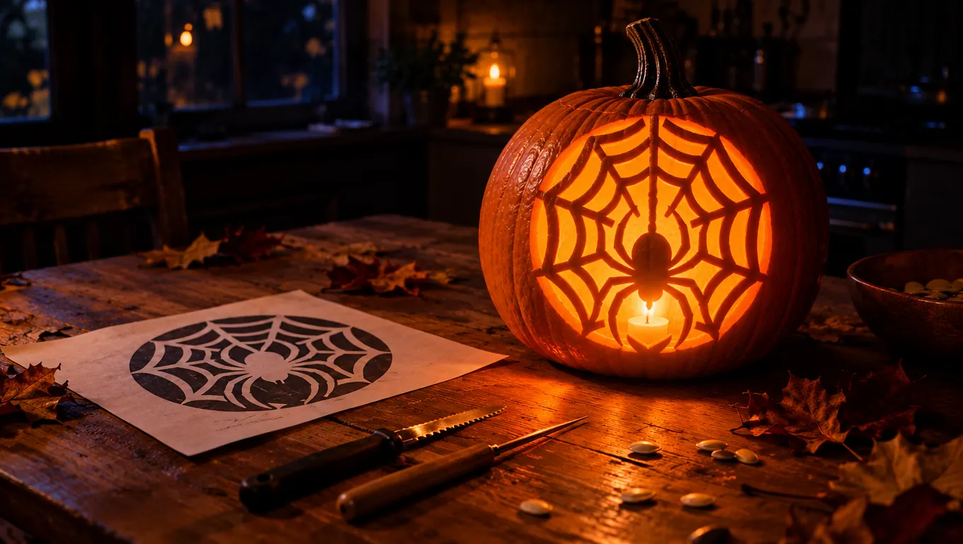 A pumpkin carved with a spider and web glowing