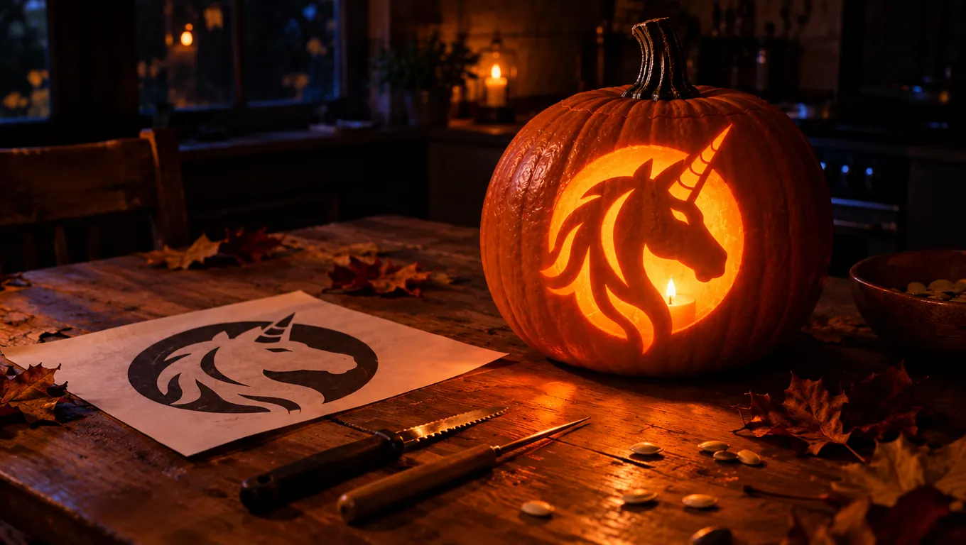 A pumpkin carved with a unicorn head glowing