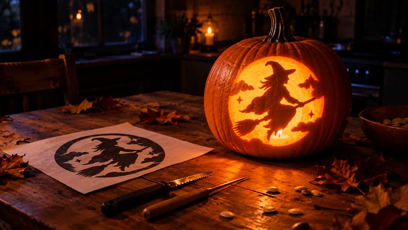 A pumpkin carved with a witch flying on a broom across the moon