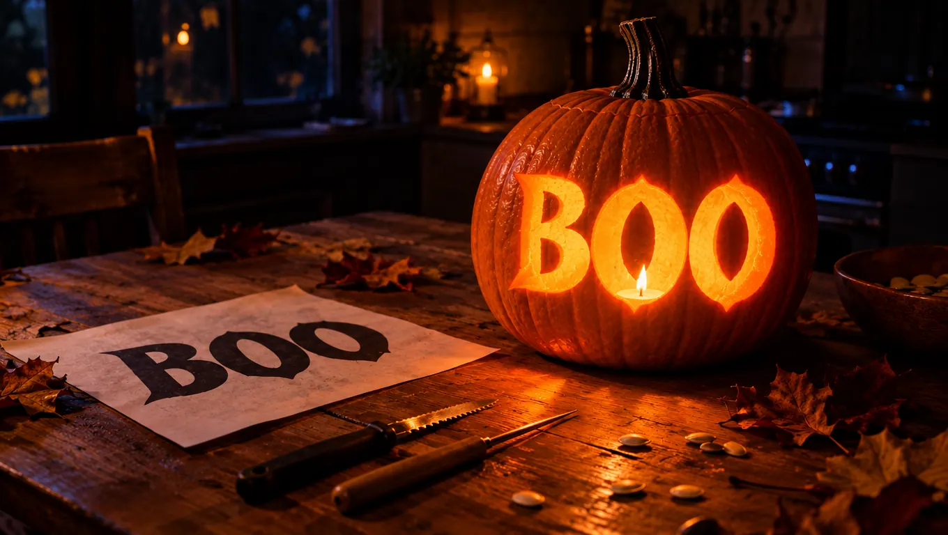 A pumpkin carved with the word BOO glowing