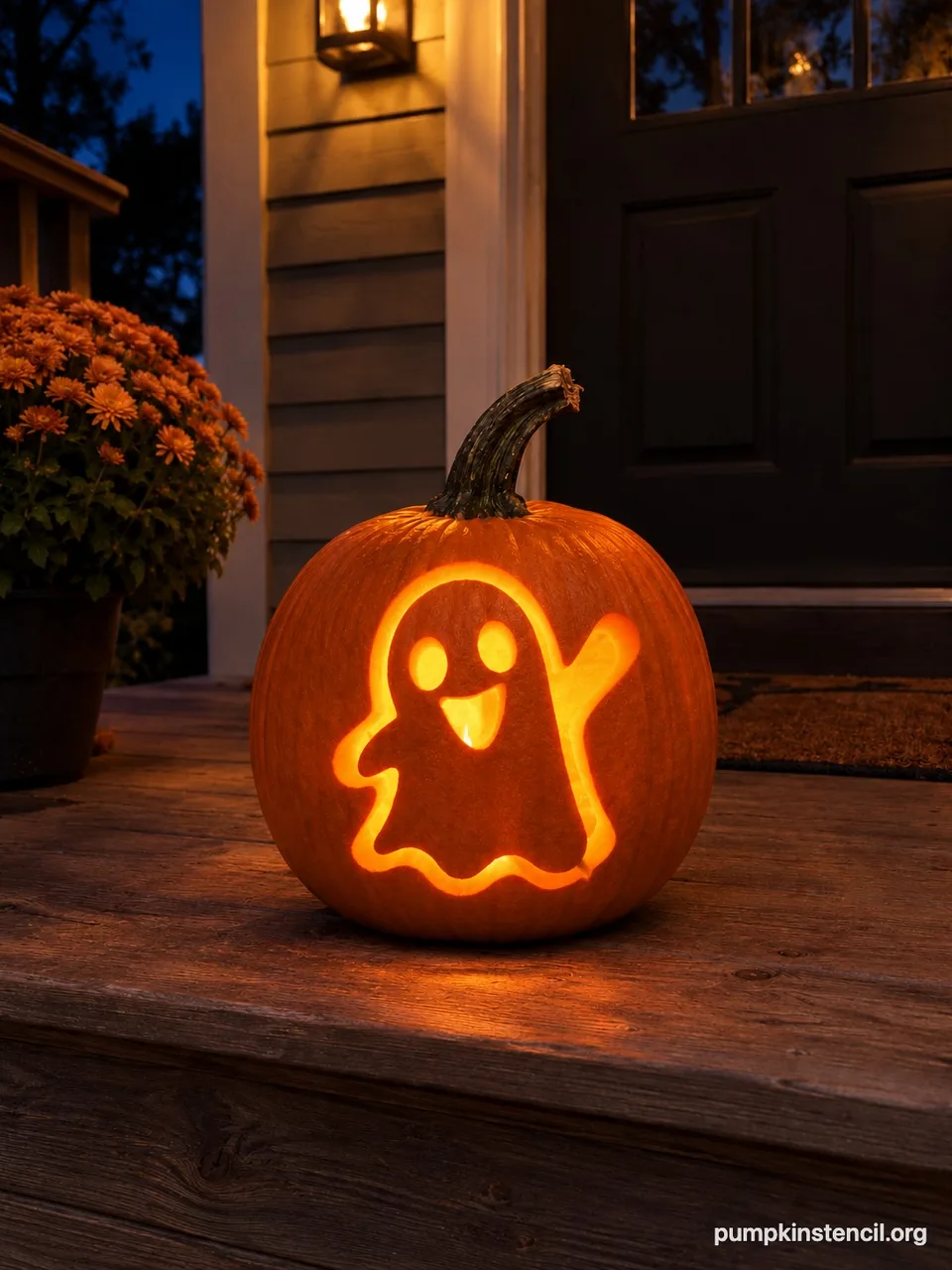 The same porch pumpkin carved with a waving ghost and glowing at night