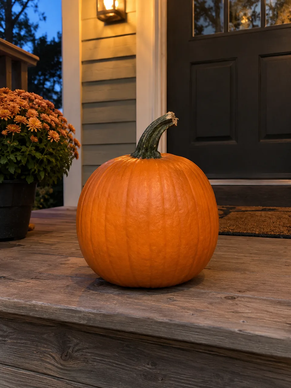 An uncarved orange pumpkin on porch steps at dusk