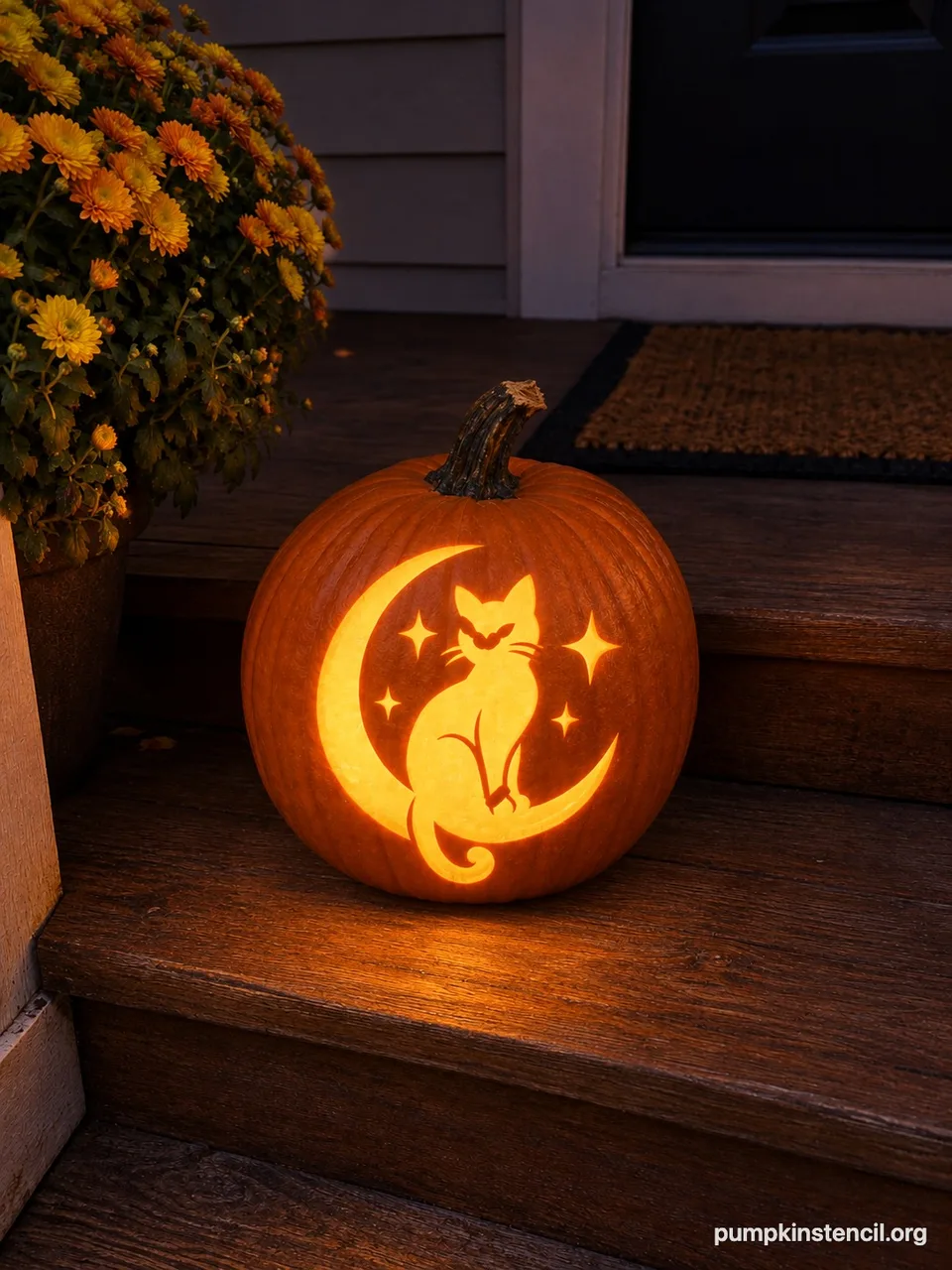 The same pumpkin carved with a cat sitting on a crescent moon, glowing at dusk