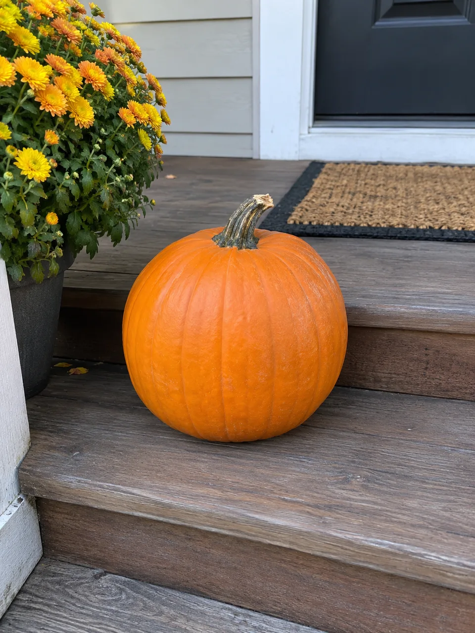 A round uncarved pumpkin on wooden porch steps